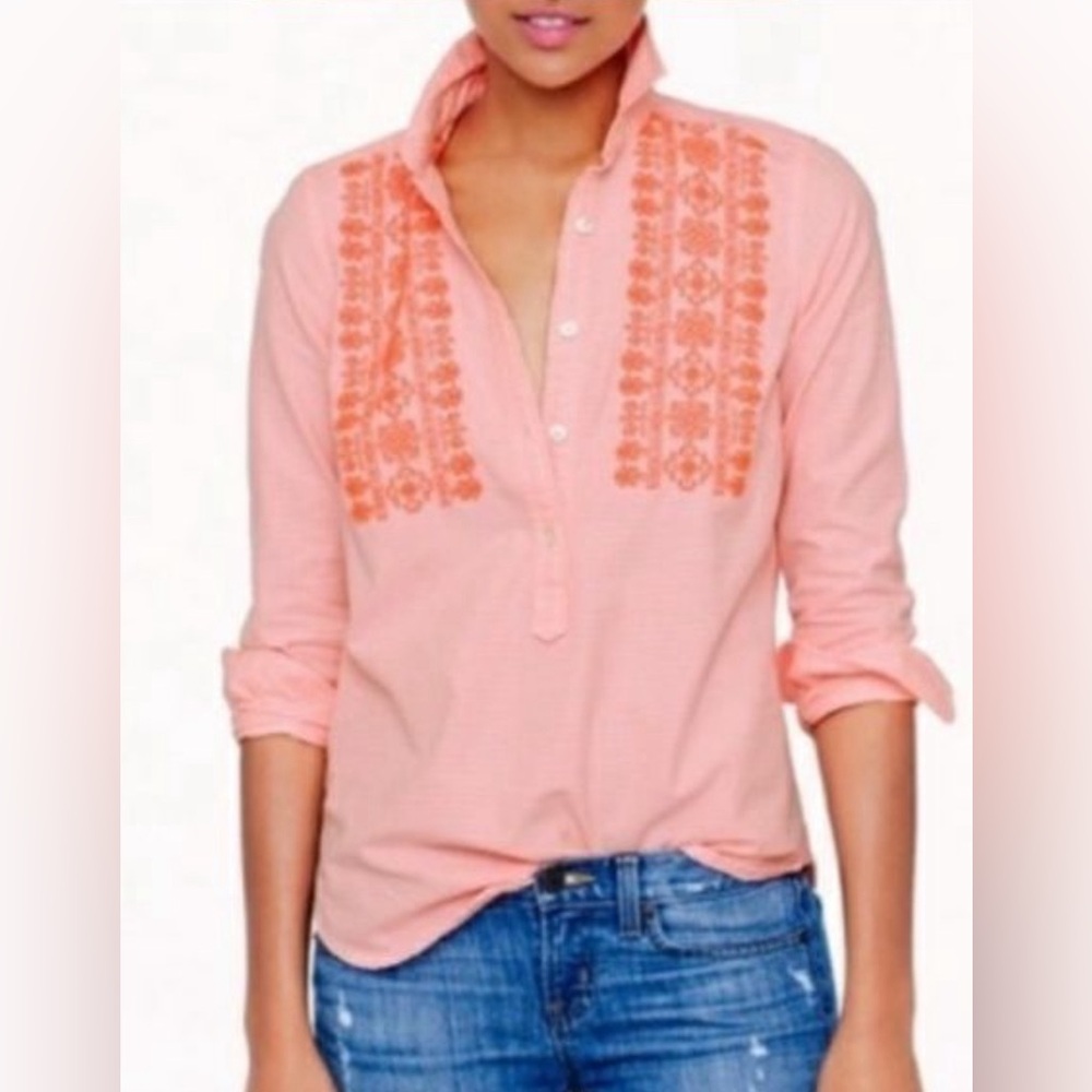J. CREW Shirt Women Half Button Up Long Sleeve Pop Over Neon Embroidered Sz XL - Picture 2 of 8